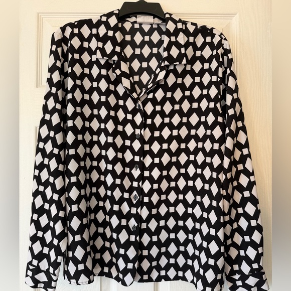Vintage Liz Baker blouse top black white geometric 16 button up long sleeves - Picture 1 of 8